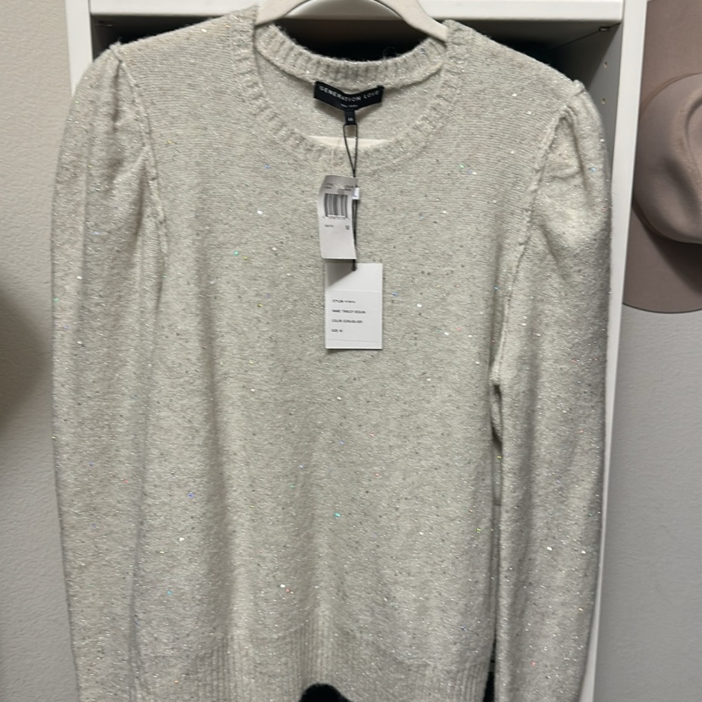 Generation Love Ecru Sequin Top with Puff Sleeves